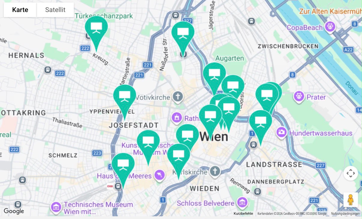 Screenfinder-Standorte in Wien auf einer Karte